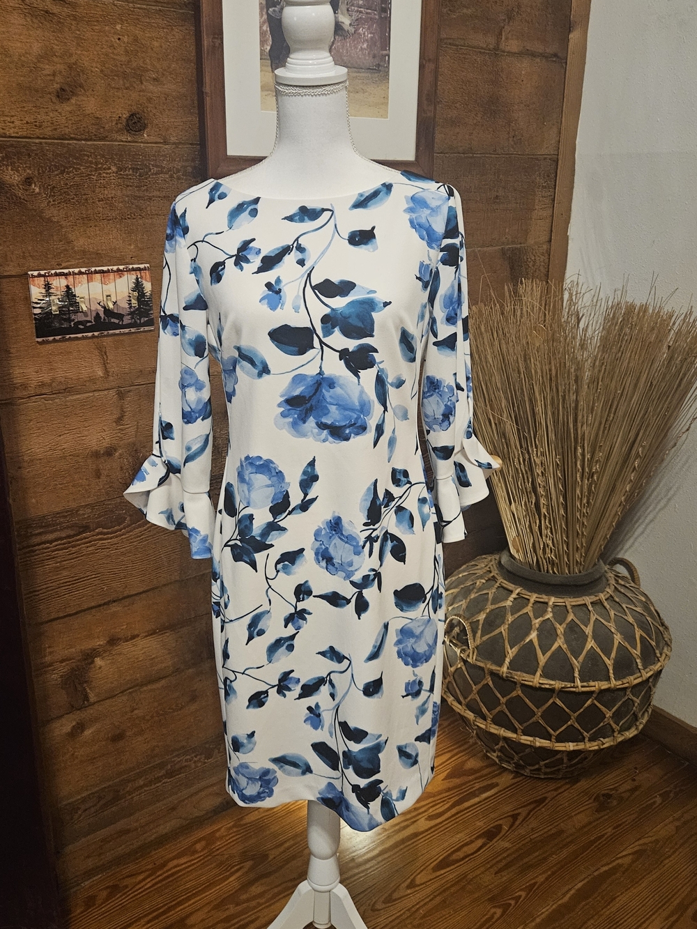 Karl Lagerfeld White Midi Shift Dress with Blue Floral Print